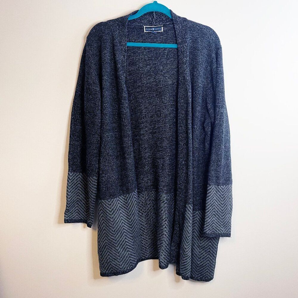 Karen Scott Open Front Cardigan Gray/Black Chevron Hem - Size XXL